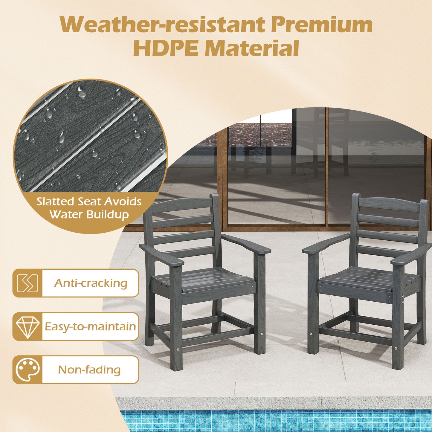 6 Pieces Patio Dining Bench Set Outdoor HDPE Weather Resistant Table and Chairs Set-Grey