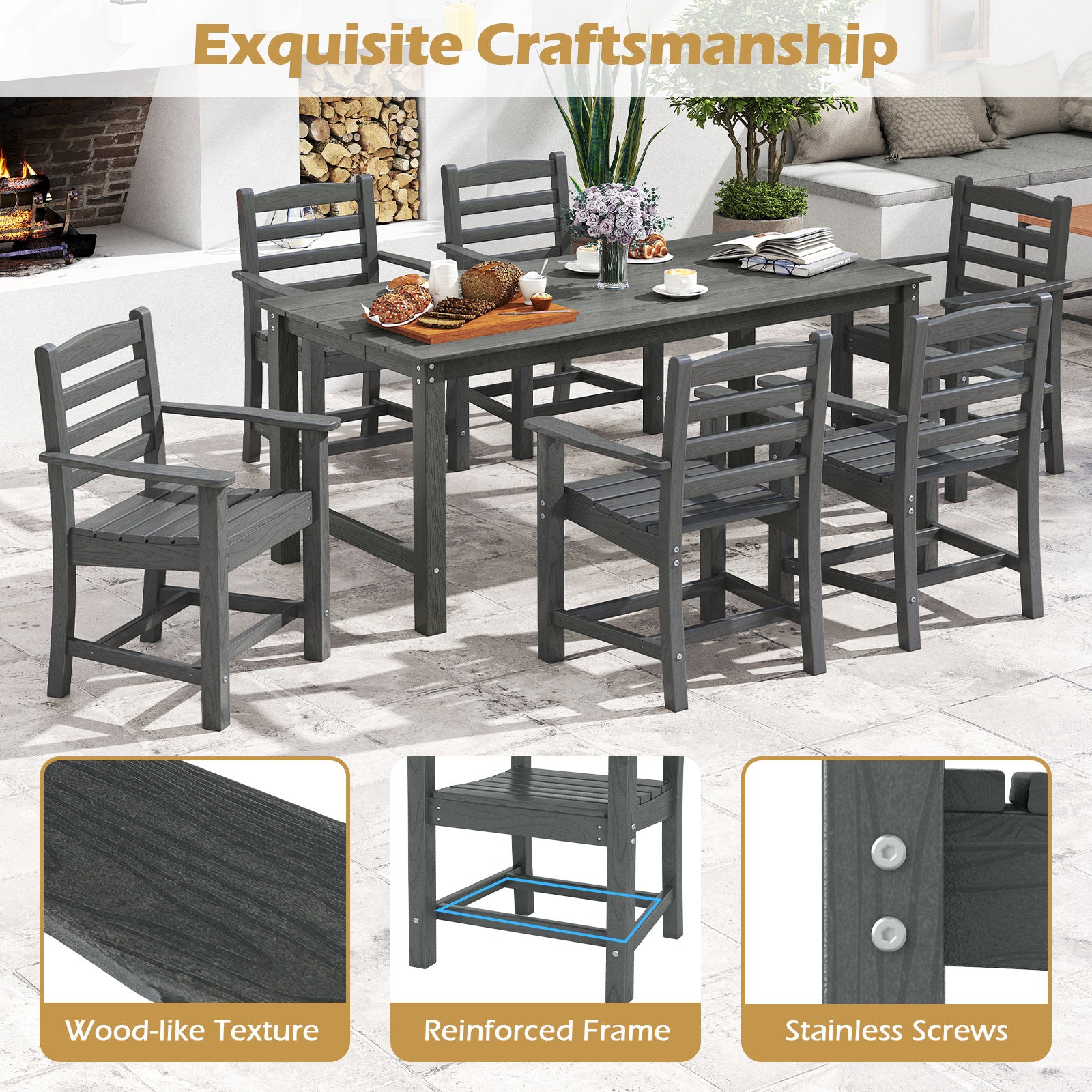 6 Pieces Patio Dining Bench Set Outdoor HDPE Weather Resistant Table and Chairs Set-Grey