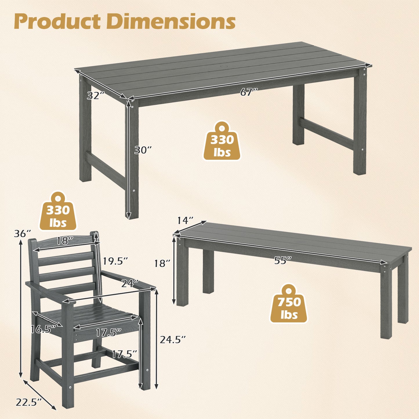 6 Pieces Patio Dining Bench Set Outdoor HDPE Weather Resistant Table and Chairs Set-Grey