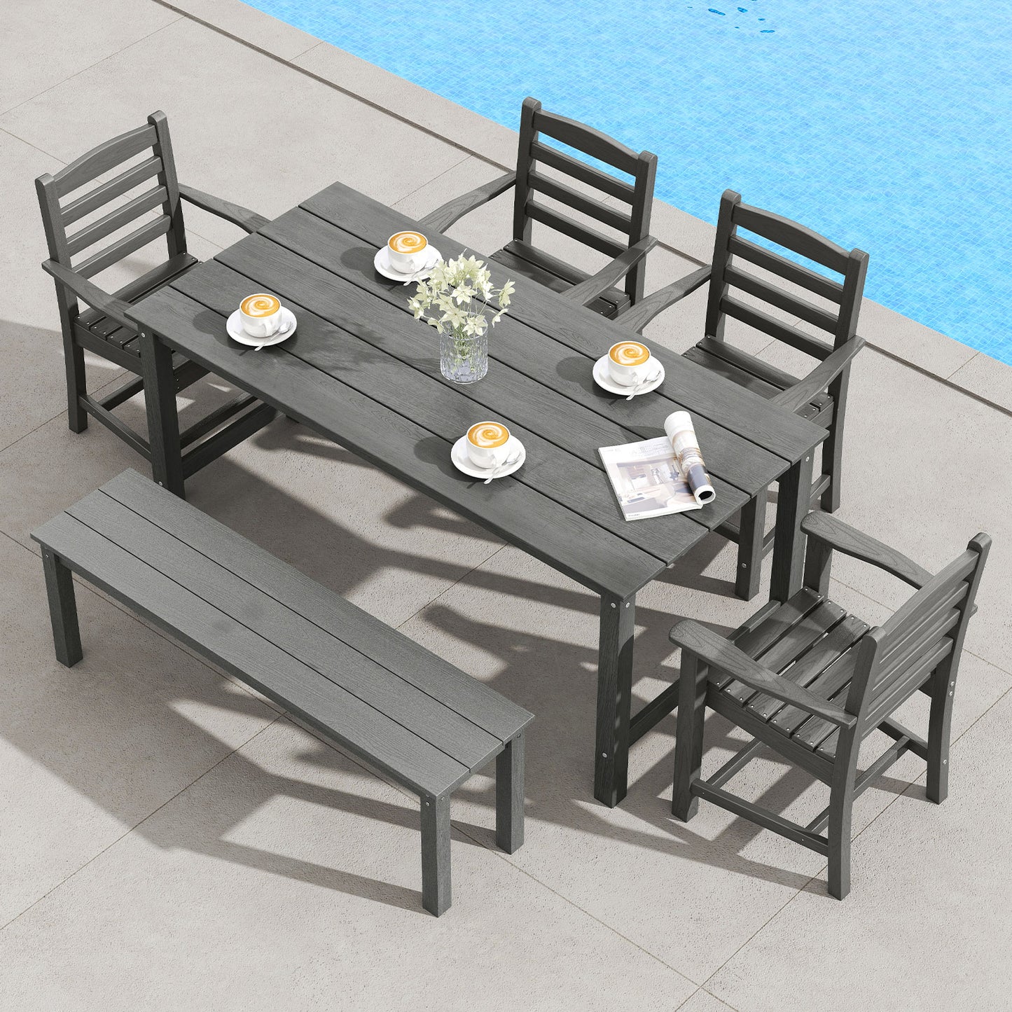 6 Pieces Patio Dining Bench Set Outdoor HDPE Weather Resistant Table and Chairs Set-Grey