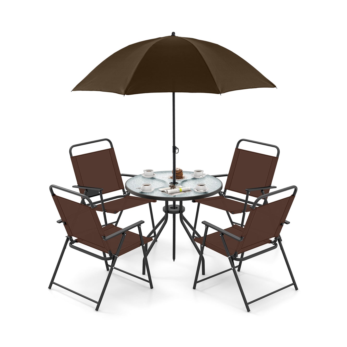 6 Pieces Patio Dining Set Folding Chairs Glass Table Tilt Umbrella for Garden-Gray - Coffee