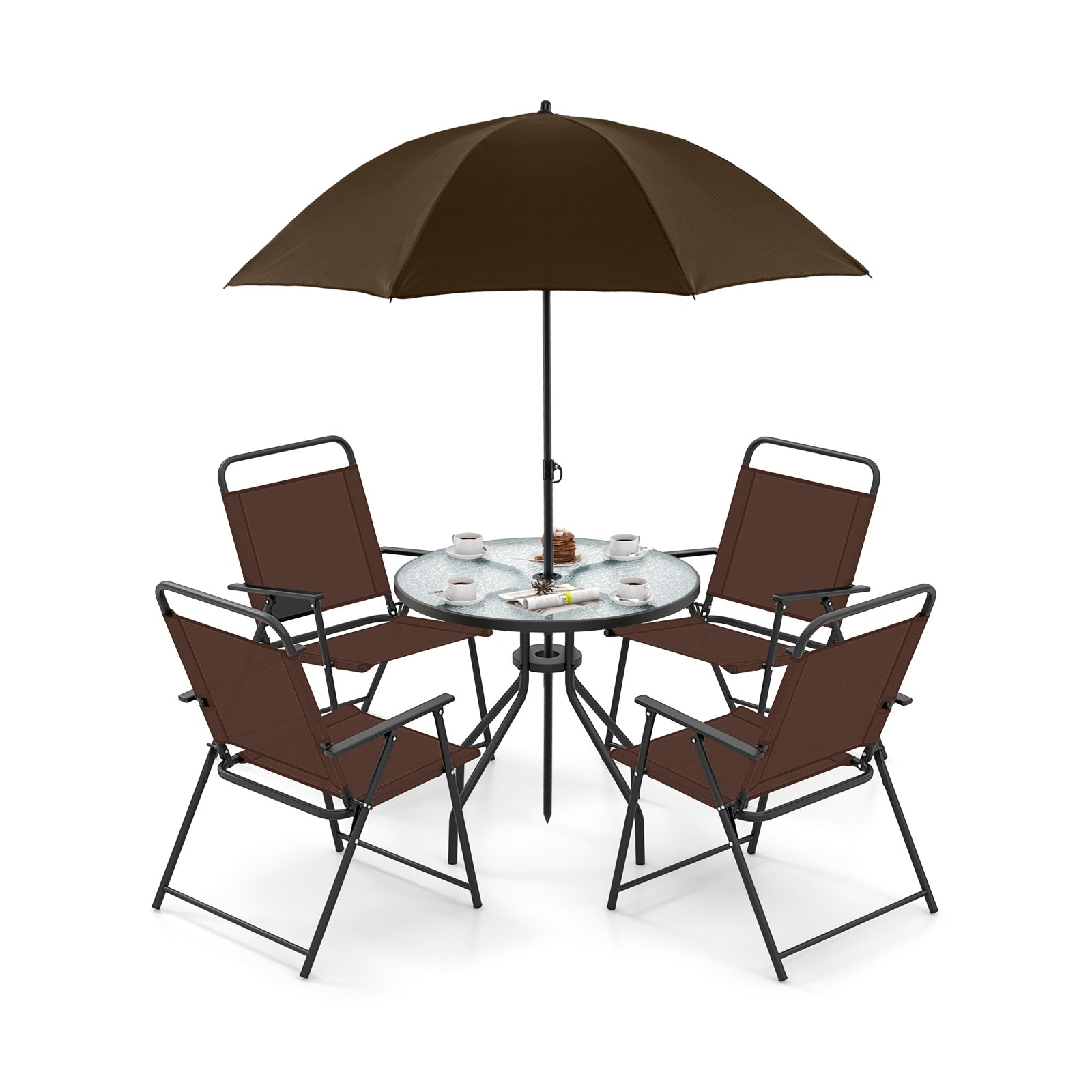 6 Pieces Patio Dining Set Folding Chairs Glass Table Tilt Umbrella for Garden-Gray - Coffee