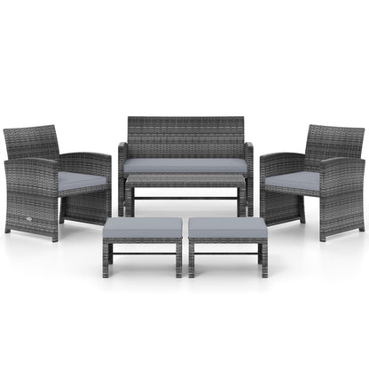6 Pieces Patio Furniture Set Outdoor Sectional Conversation PE Rattan Sofa Set-Turquoise - Gray
