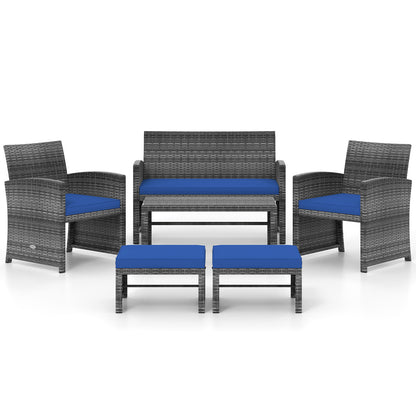 6 Pieces Patio Furniture Set Outdoor Sectional Conversation PE Rattan Sofa Set-Turquoise - Navy