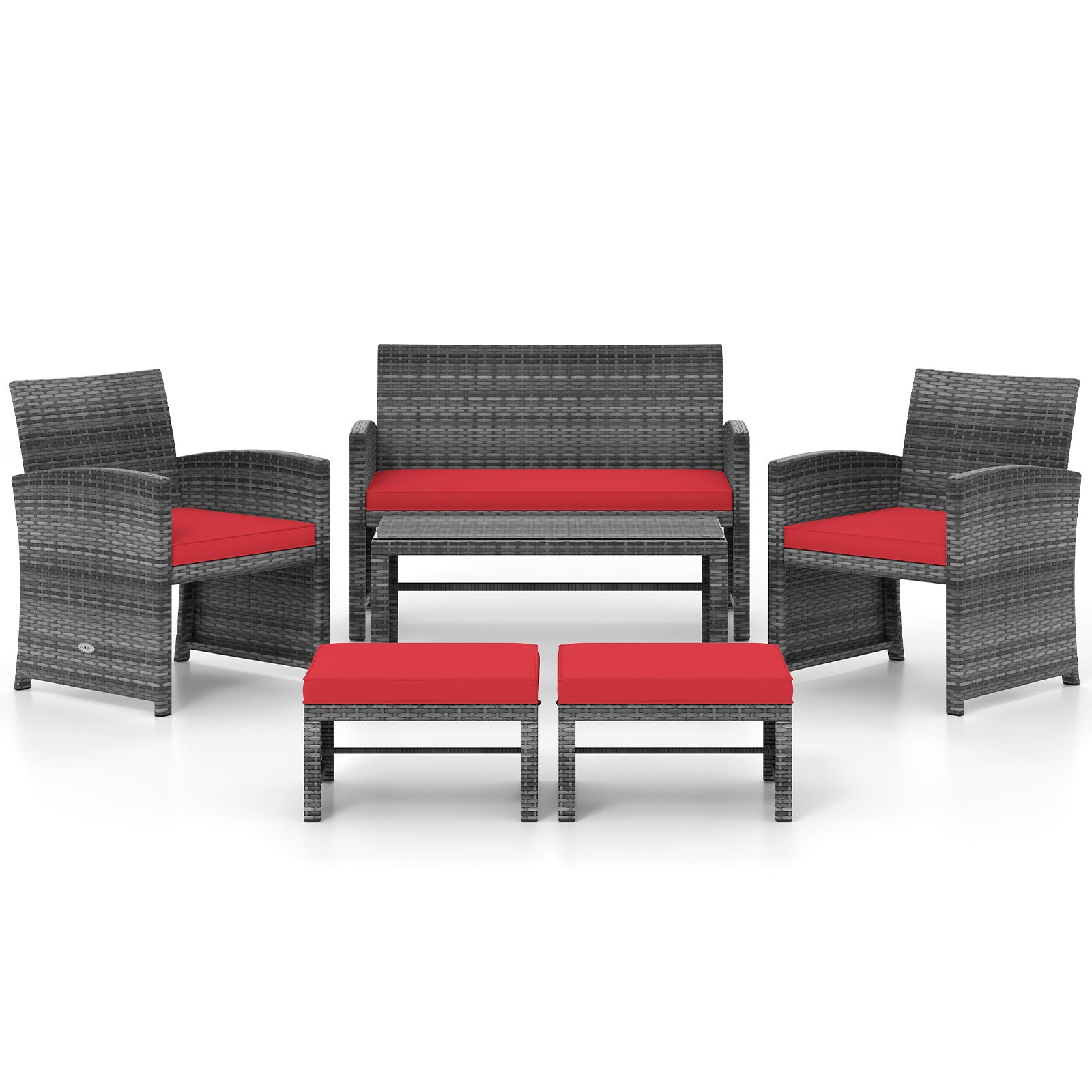 6 Pieces Patio Furniture Set Outdoor Sectional Conversation PE Rattan Sofa Set-Turquoise - Red