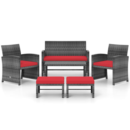 6 Pieces Patio Furniture Set Outdoor Sectional Conversation PE Rattan Sofa Set-Turquoise - Red