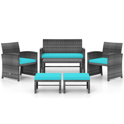 6 Pieces Patio Furniture Set Outdoor Sectional Conversation PE Rattan Sofa Set-Turquoise - Turquoise