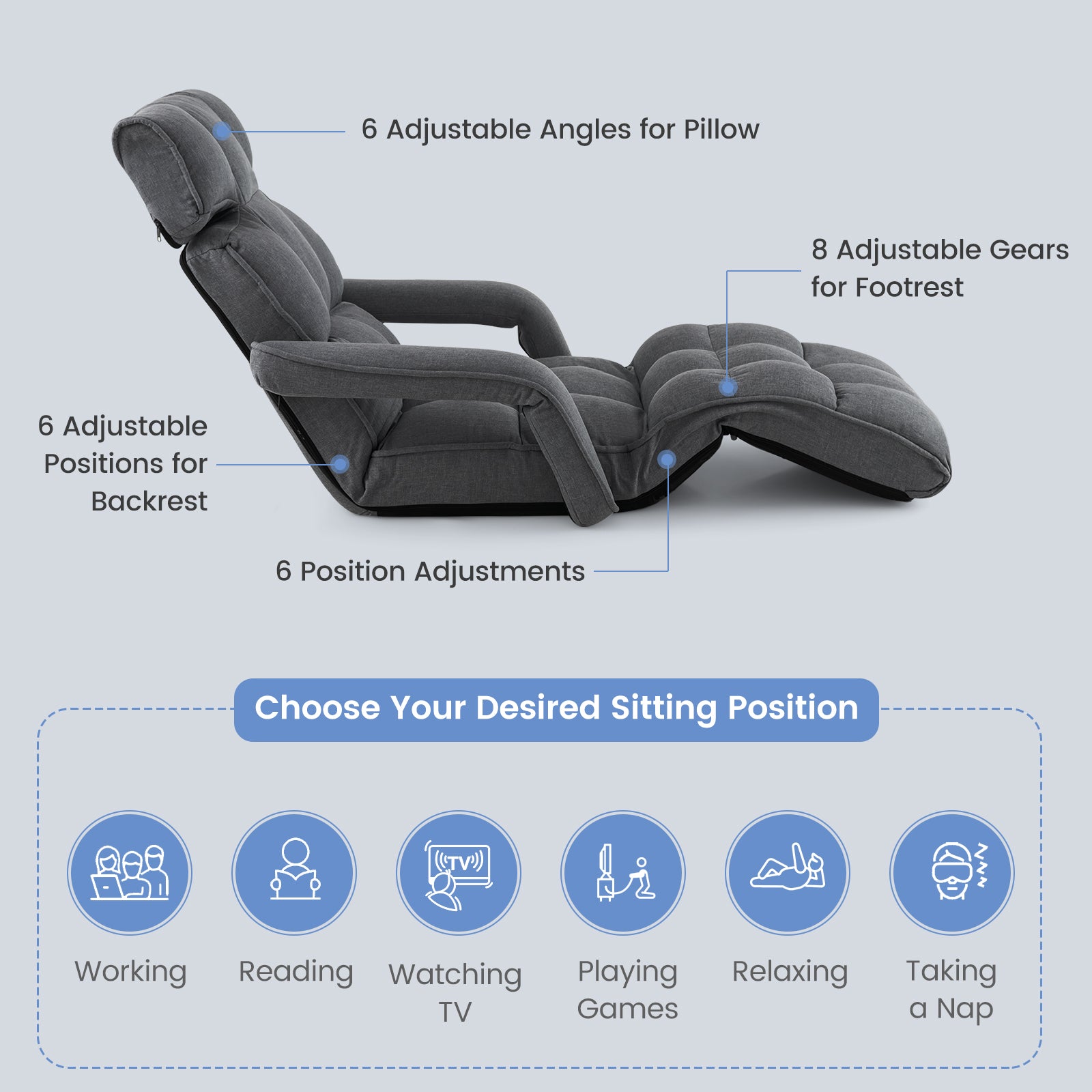 6-Position Adjustable Floor Chair with Adjustable Armrests and Footrest-Dark Gray