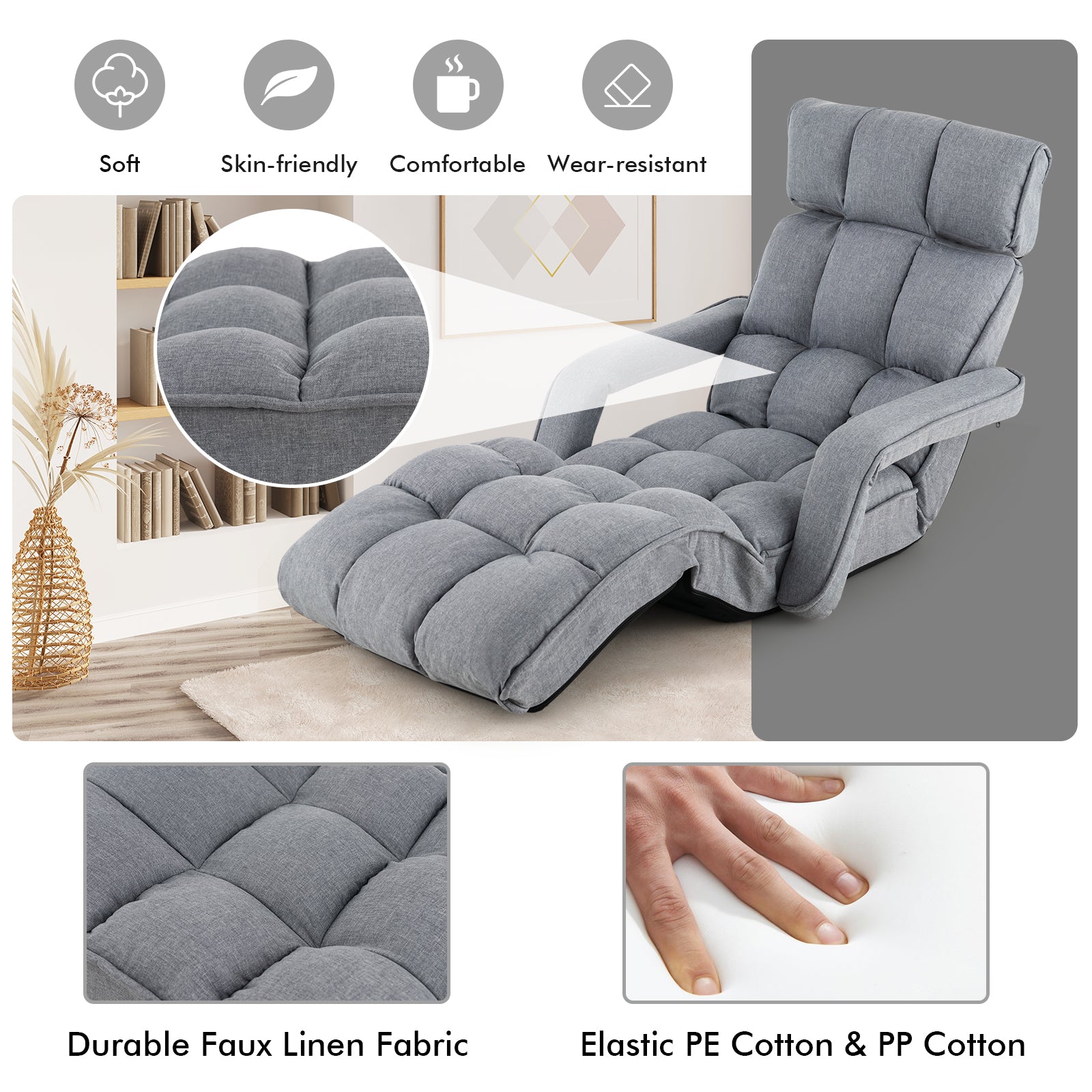 6-Position Adjustable Floor Chair with Adjustable Armrests and Footrest-Gray