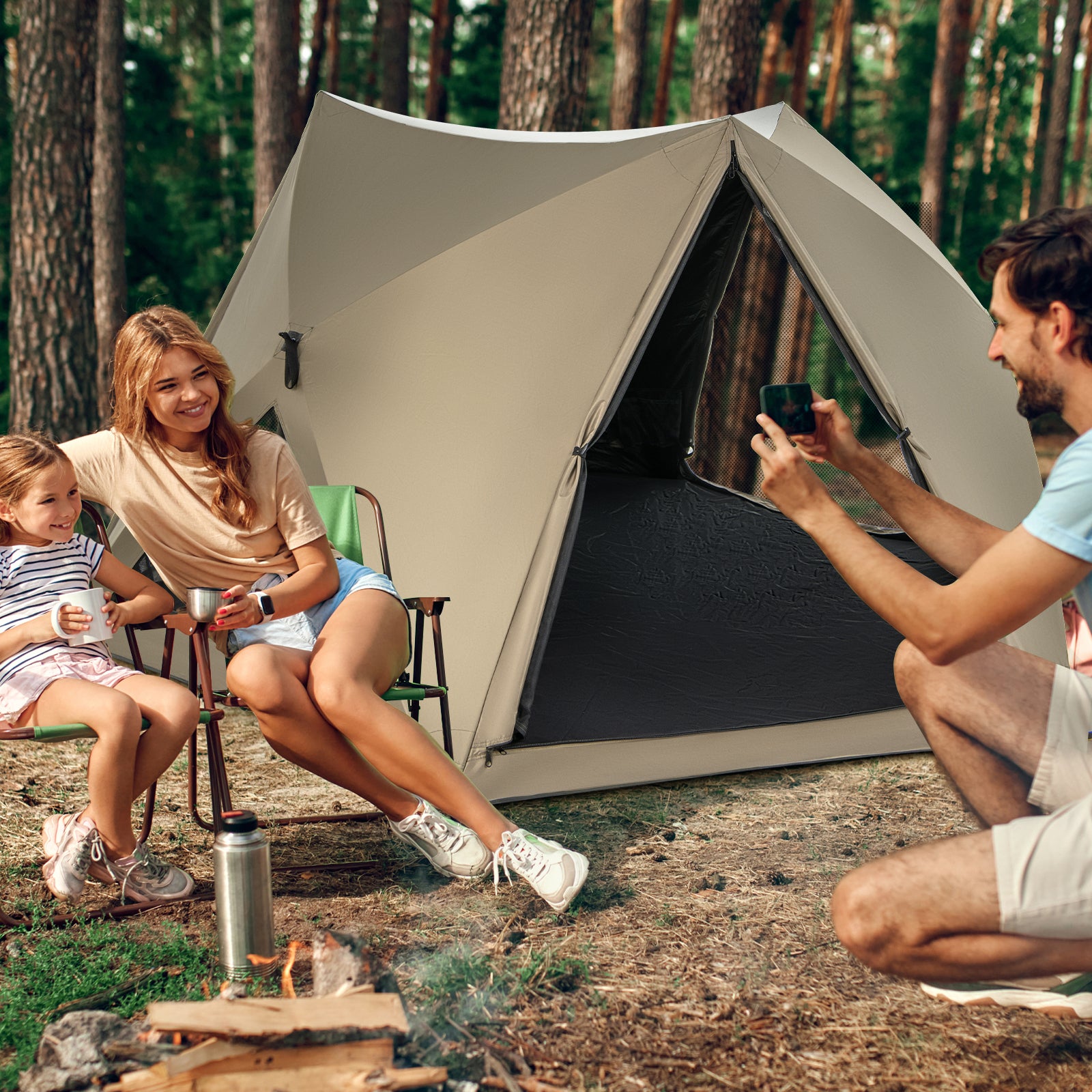 6-Sided Pop-up Family Tent with Rainfly Skylight 3 Doors 3 Windows-Green