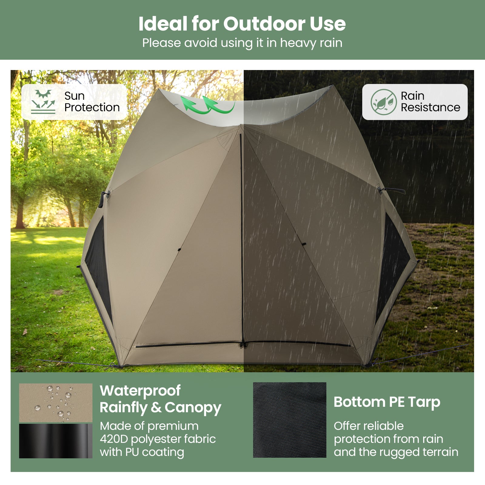 6-Sided Pop-up Family Tent with Rainfly Skylight 3 Doors 3 Windows-Green