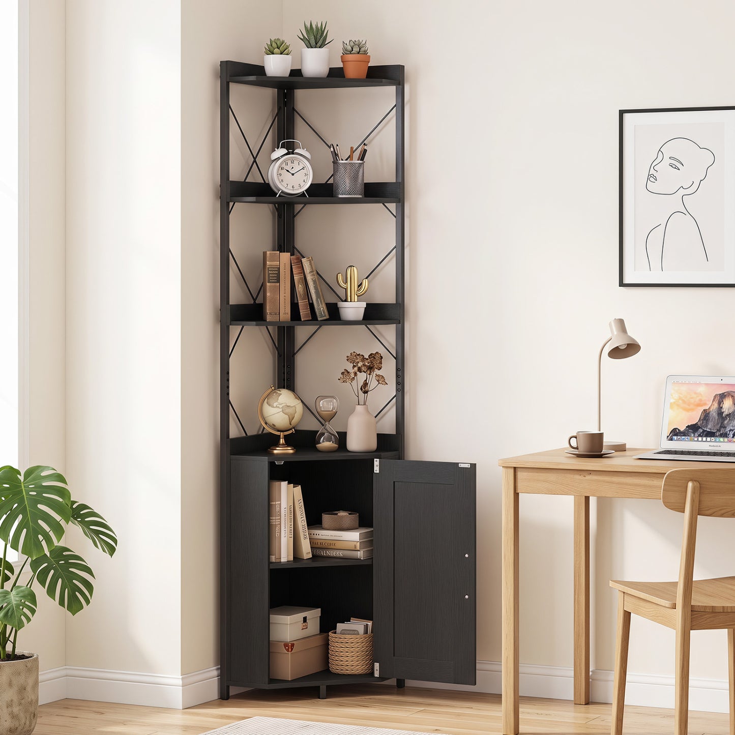6-Tier Corner Bookshelf with Cabinet 71" Tall Metal Frame