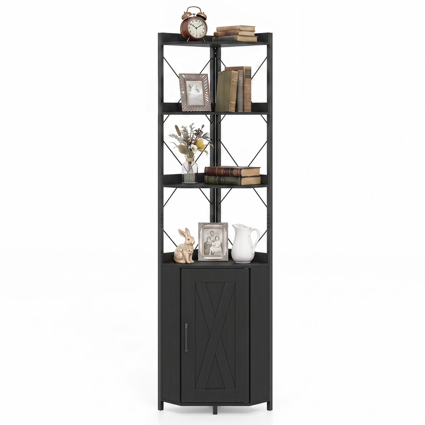 6-Tier Corner Bookshelf with Cabinet 71" Tall Metal Frame