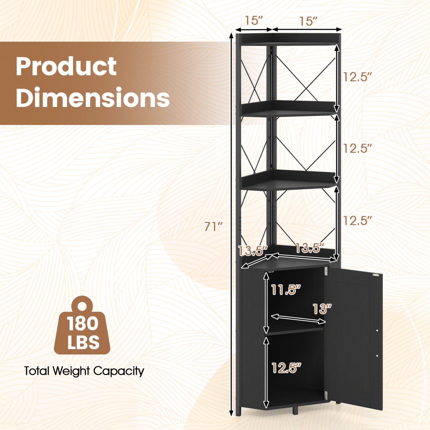 6-Tier Corner Bookshelf with Cabinet 71" Tall Metal Frame