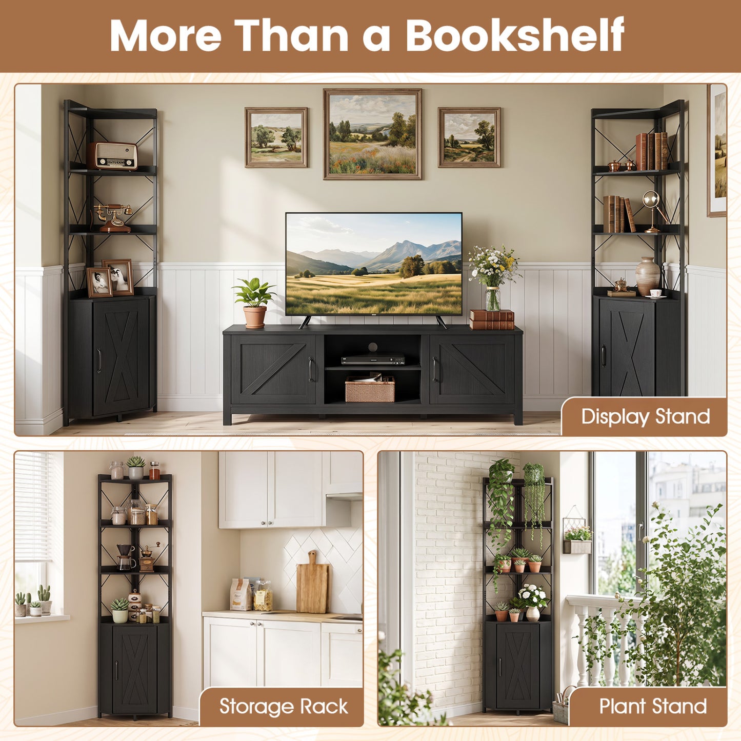 6-Tier Corner Bookshelf with Cabinet 71" Tall Metal Frame