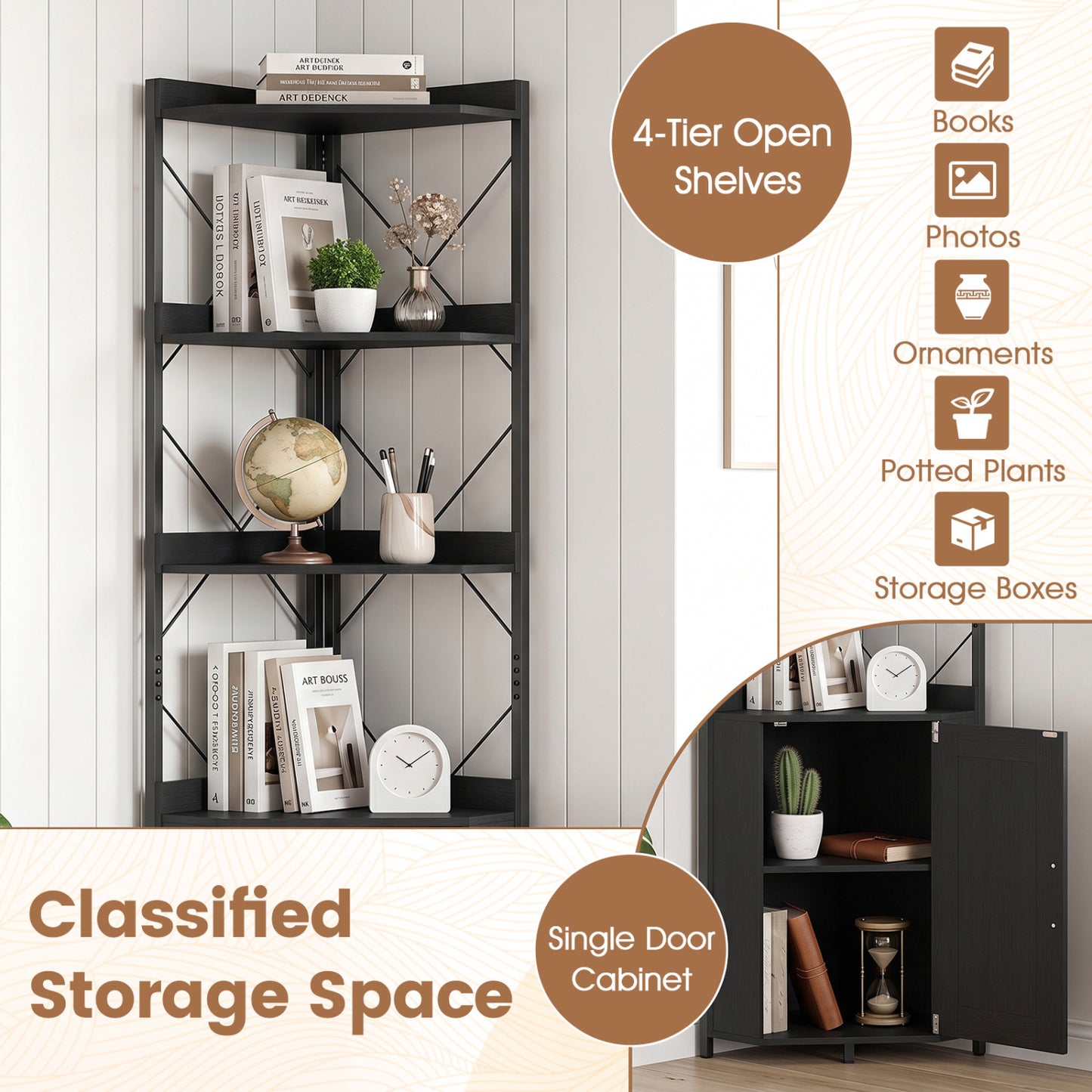 6-Tier Corner Bookshelf with Cabinet 71" Tall Metal Frame