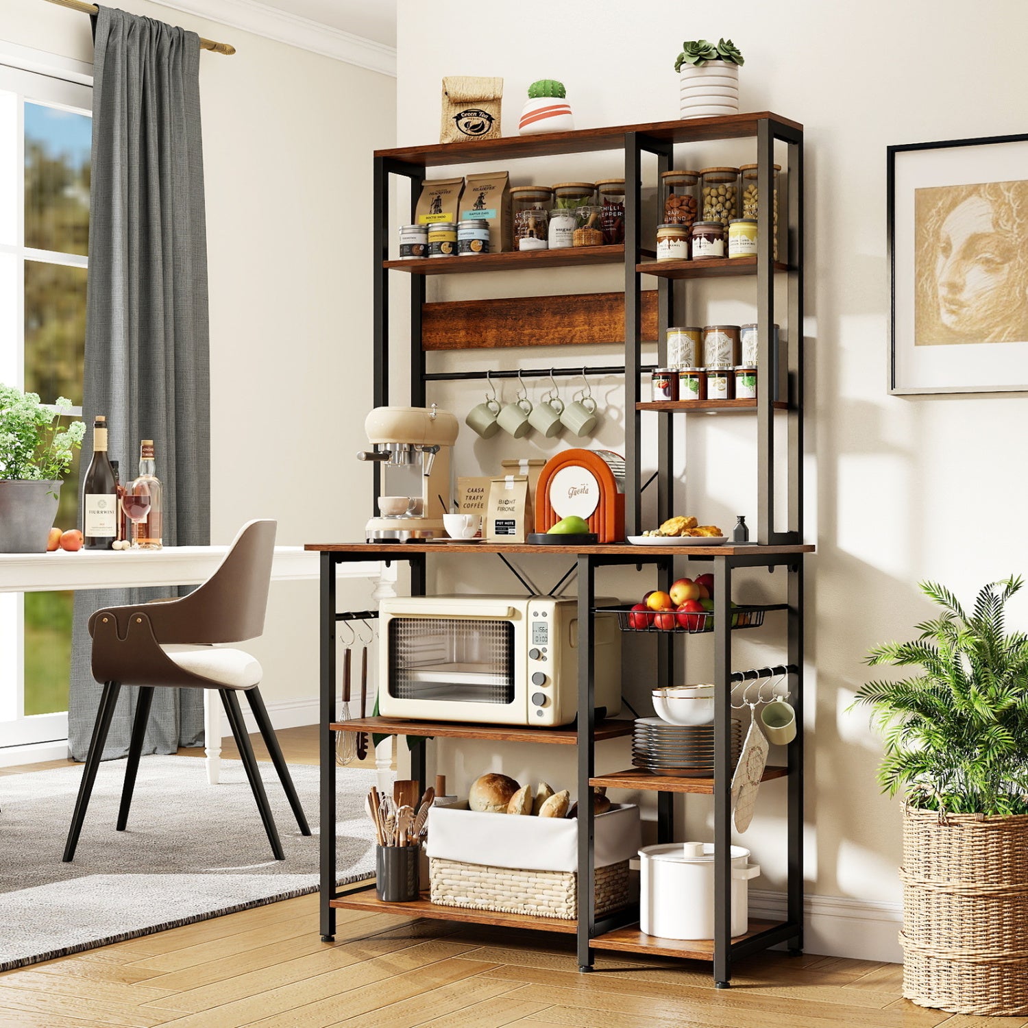 6-Tier Bakers Rack with Power Outlet Stand Wooden Open Shelves
