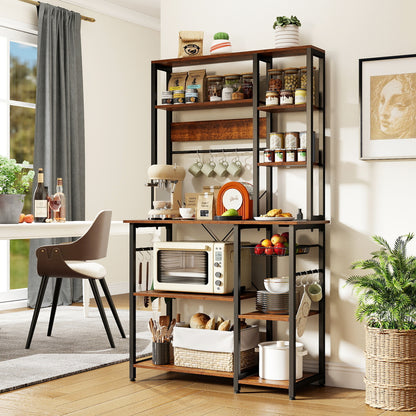6-Tier Bakers Rack with Power Outlet Stand Wooden Open Shelves