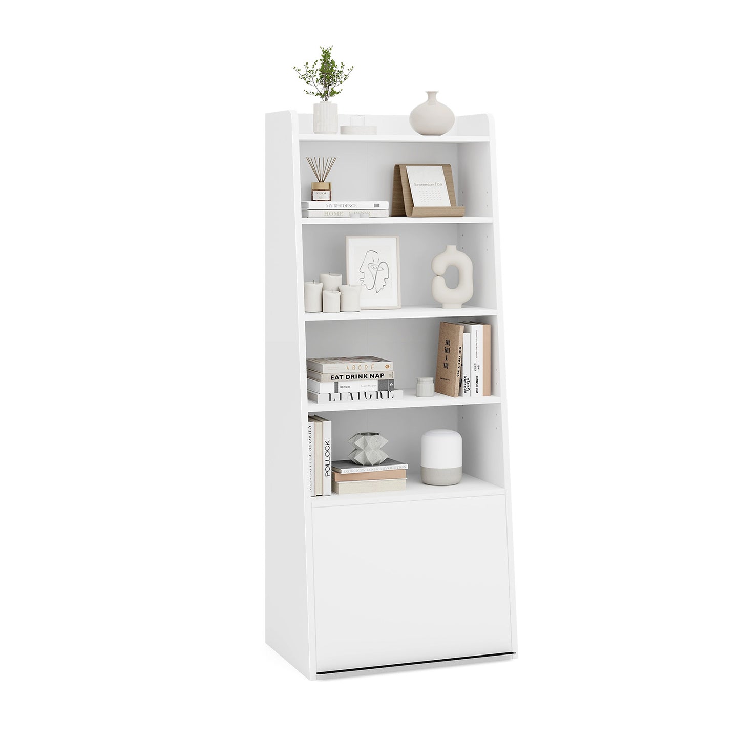 6-Tier Bookcase Freestanding Ladder Bookshelf with 2 Adjustable Shelves and Flip Up Door-Natural - White
