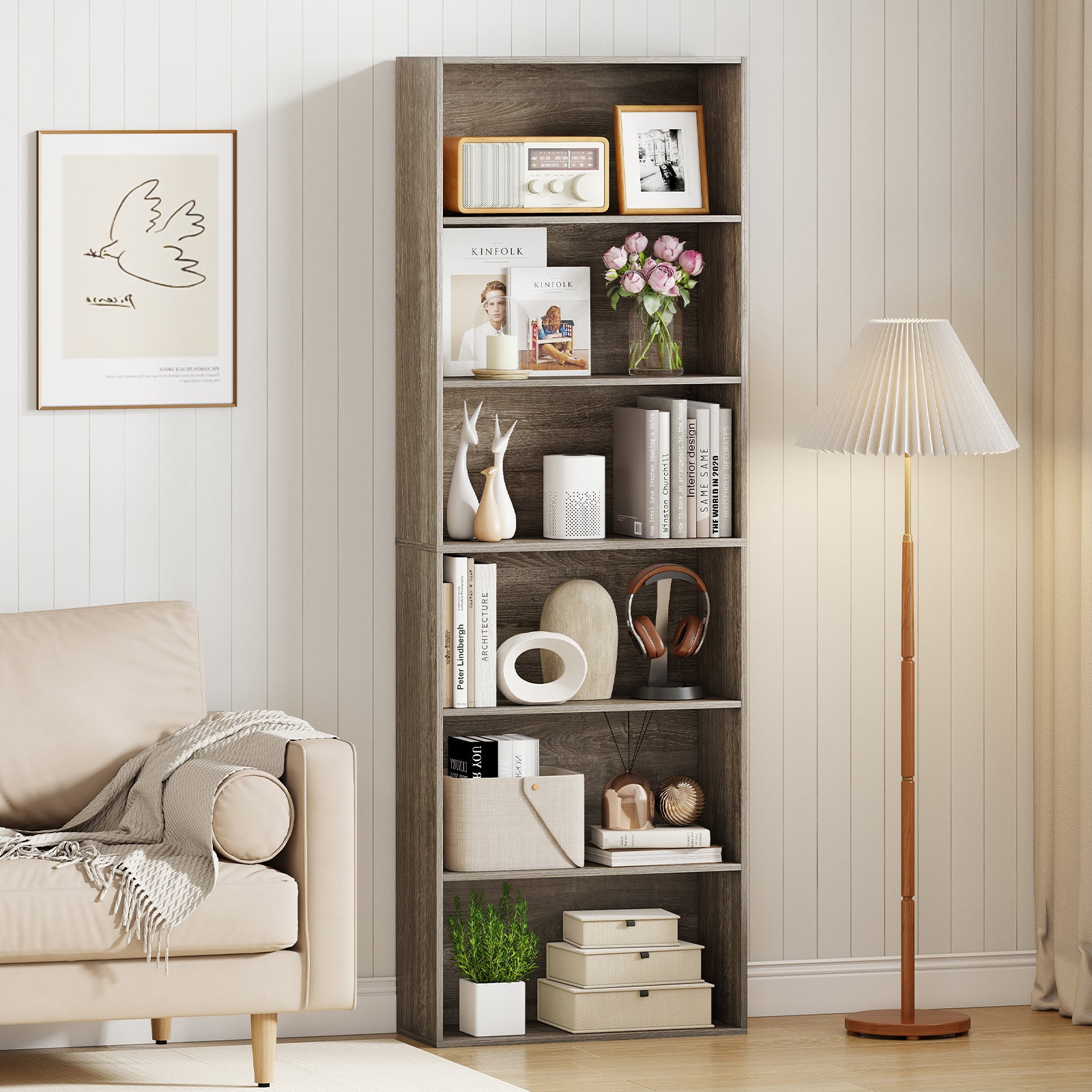 6-Tier Bookcase with 6 Open Shelves and Anti-Toppling Kits-Natural - Gray