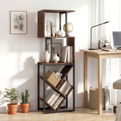 6-Tier Bookshelf Floor Standing Tree S-Shaped Geometric Bookcase with Open Shelves-Brown