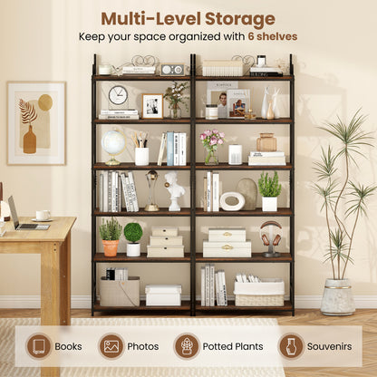 6-Tier Bookshelf Industrial Bookcase with 2 Anti-Tipping Kits and Metal Frame-Rustic Brown