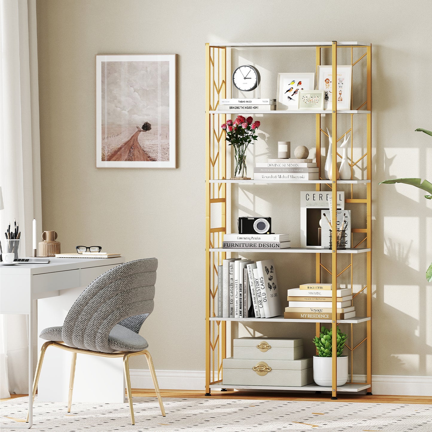 6-Tier Bookshelf Modern Geometric Bookcase with Heavy-duty Metal Frame and Anti-tipping Kits-White