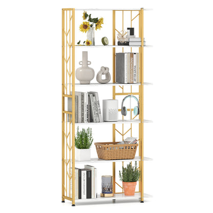 6-Tier Bookshelf Modern Geometric Bookcase with Heavy-duty Metal Frame and Anti-tipping Kits-White