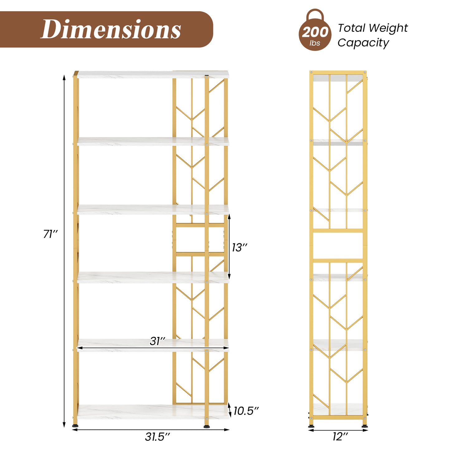 6-Tier Bookshelf Modern Geometric Bookcase with Heavy-duty Metal Frame and Anti-tipping Kits-White