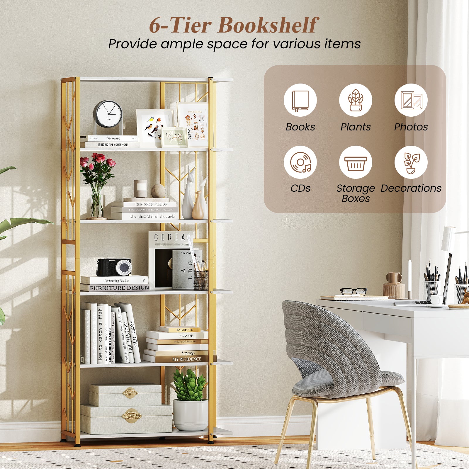 6-Tier Bookshelf Modern Geometric Bookcase with Heavy-duty Metal Frame and Anti-tipping Kits-White