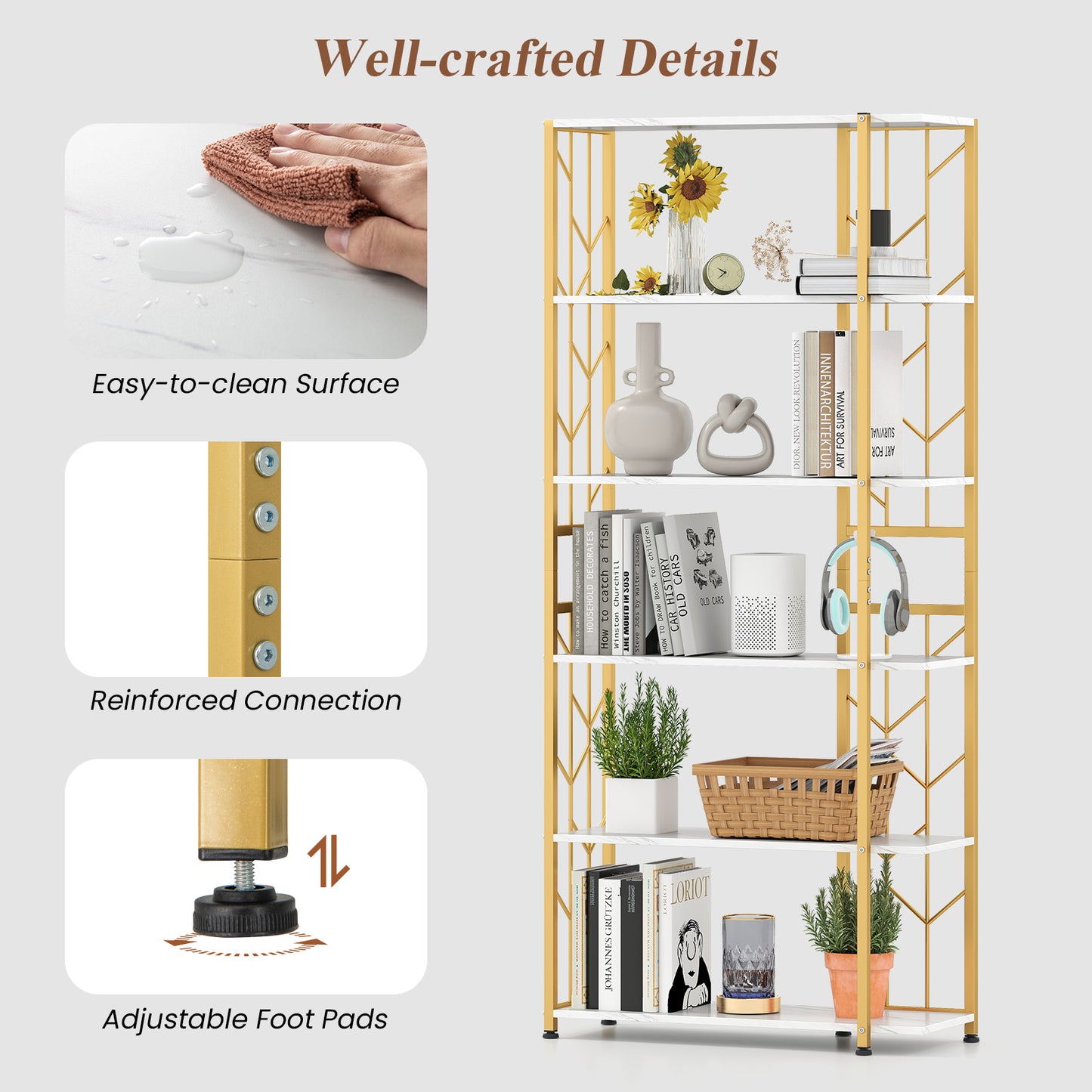 6-Tier Bookshelf Modern Geometric Bookcase with Heavy-duty Metal Frame and Anti-tipping Kits-White