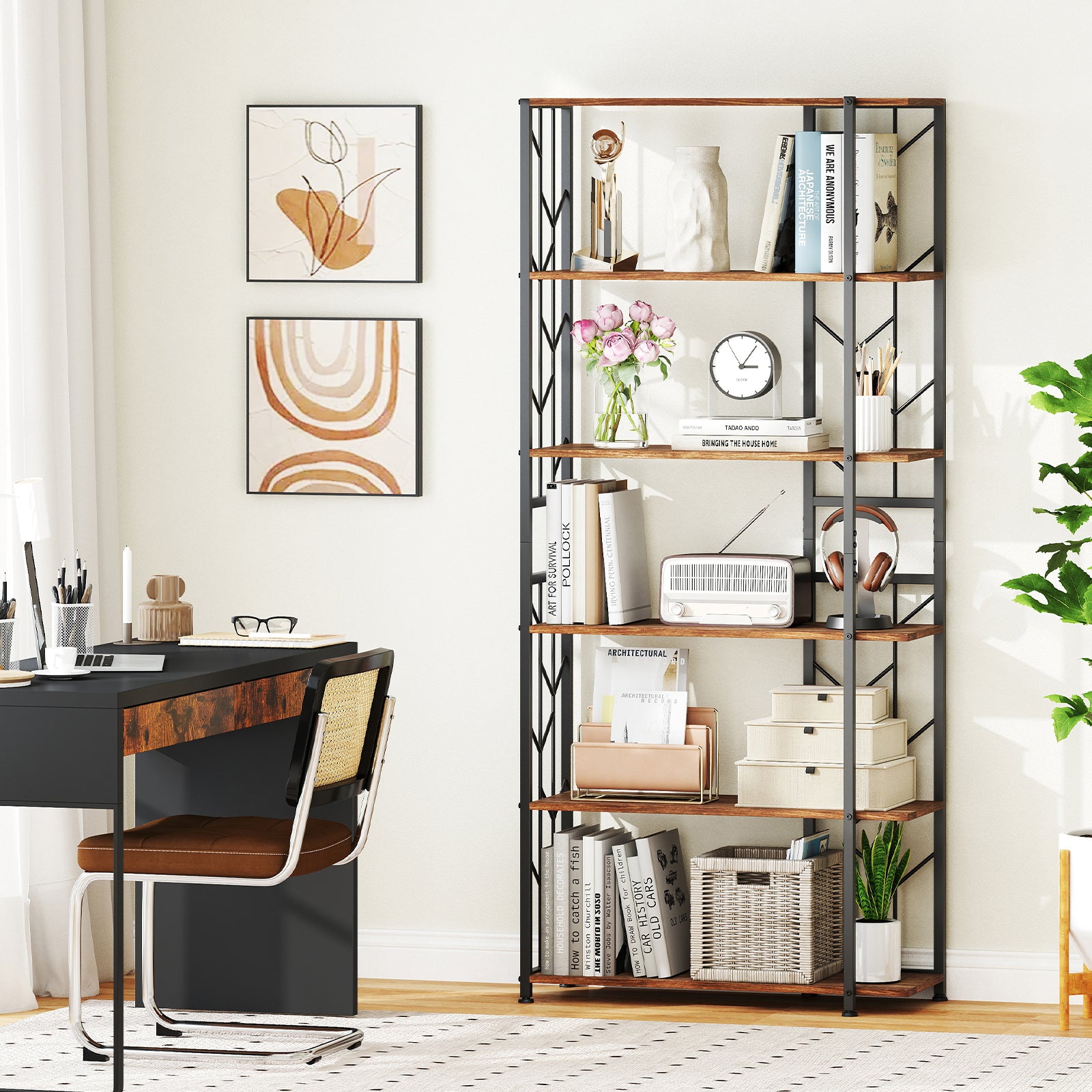 6-Tier Bookshelf Modern Geometric Bookcase with Heavy-duty Metal Frame and Anti-tipping Kits-Rustic Brown