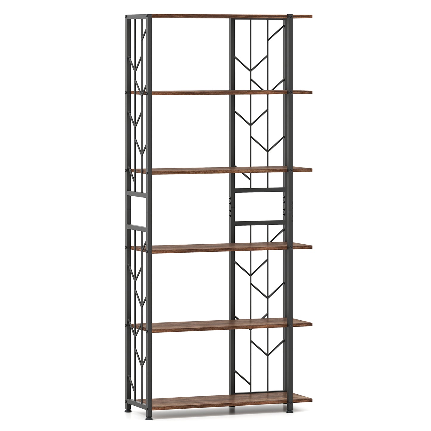 6-Tier Bookshelf Modern Geometric Bookcase with Heavy-duty Metal Frame and Anti-tipping Kits-Rustic Brown