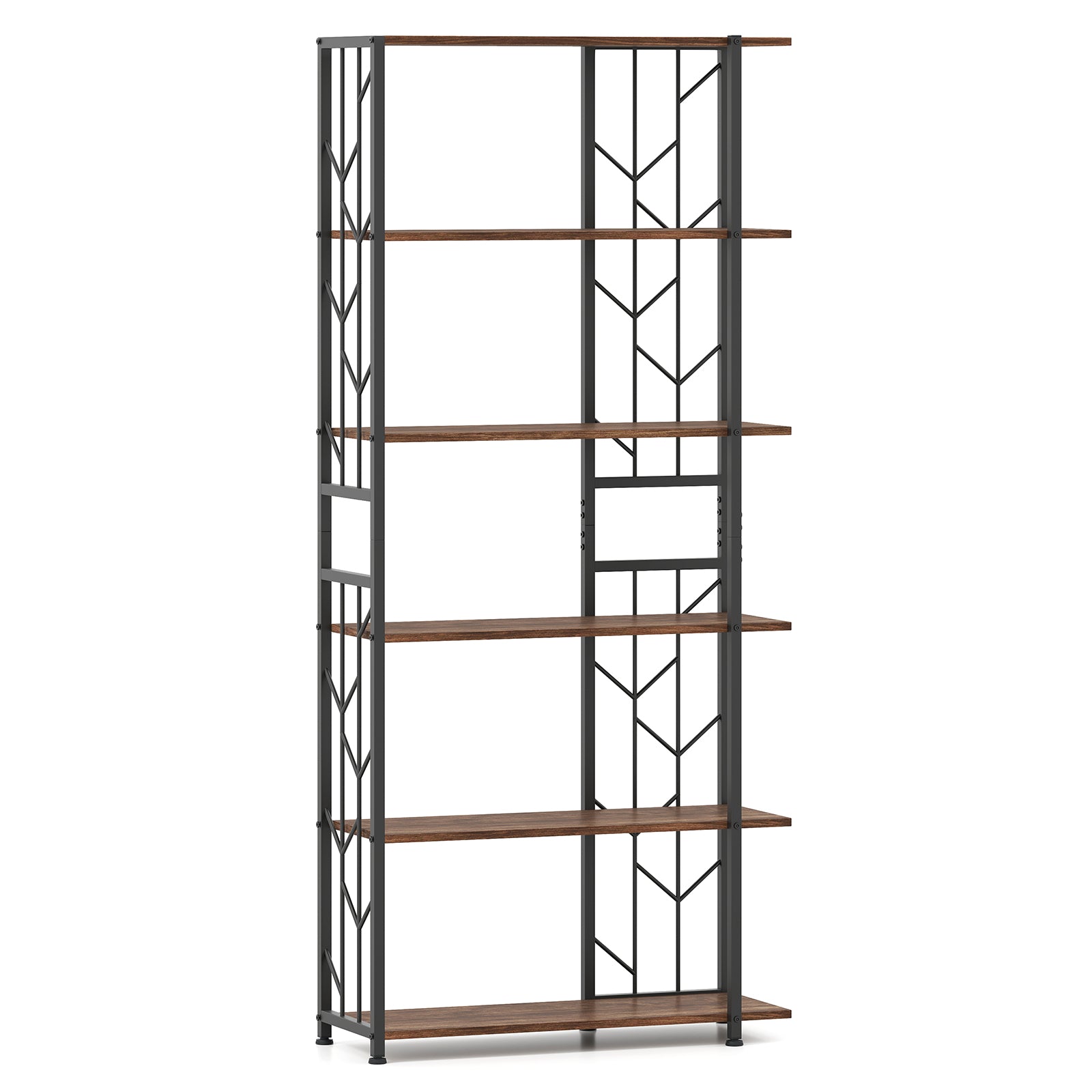 6-Tier Bookshelf Modern Geometric Bookcase with Heavy-duty Metal Frame and Anti-tipping Kits-Rustic Brown