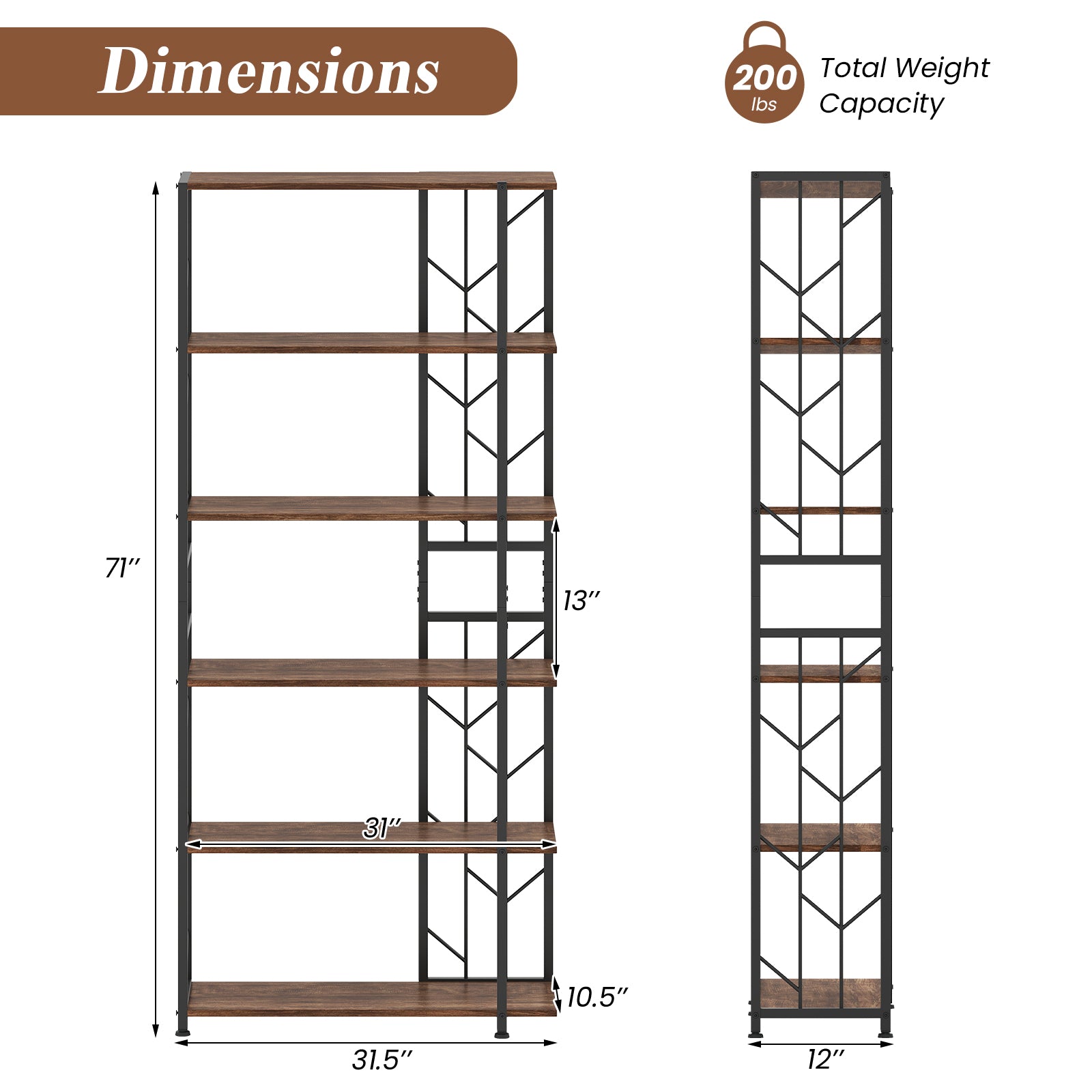 6-Tier Bookshelf Modern Geometric Bookcase with Heavy-duty Metal Frame and Anti-tipping Kits-Rustic Brown