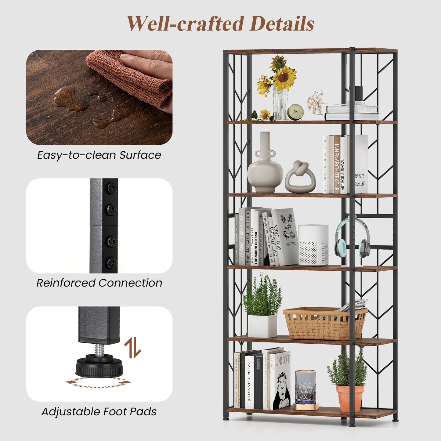 6-Tier Bookshelf Modern Geometric Bookcase with Heavy-duty Metal Frame and Anti-tipping Kits-Rustic Brown