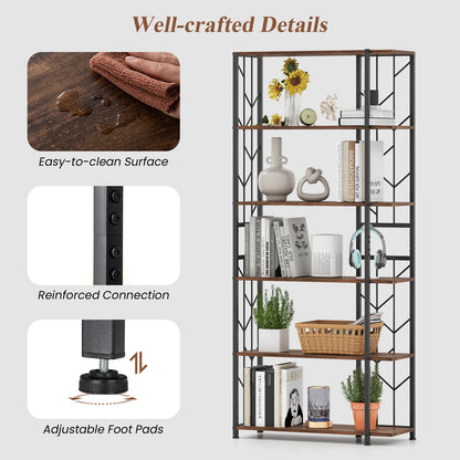 6-Tier Bookshelf Modern Geometric Bookcase with Heavy-duty Metal Frame and Anti-tipping Kits-Rustic Brown