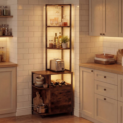 6-Tier Corner Bar Cabinet with LED Lights and Charging Station for Kitchen-Rustic Brown