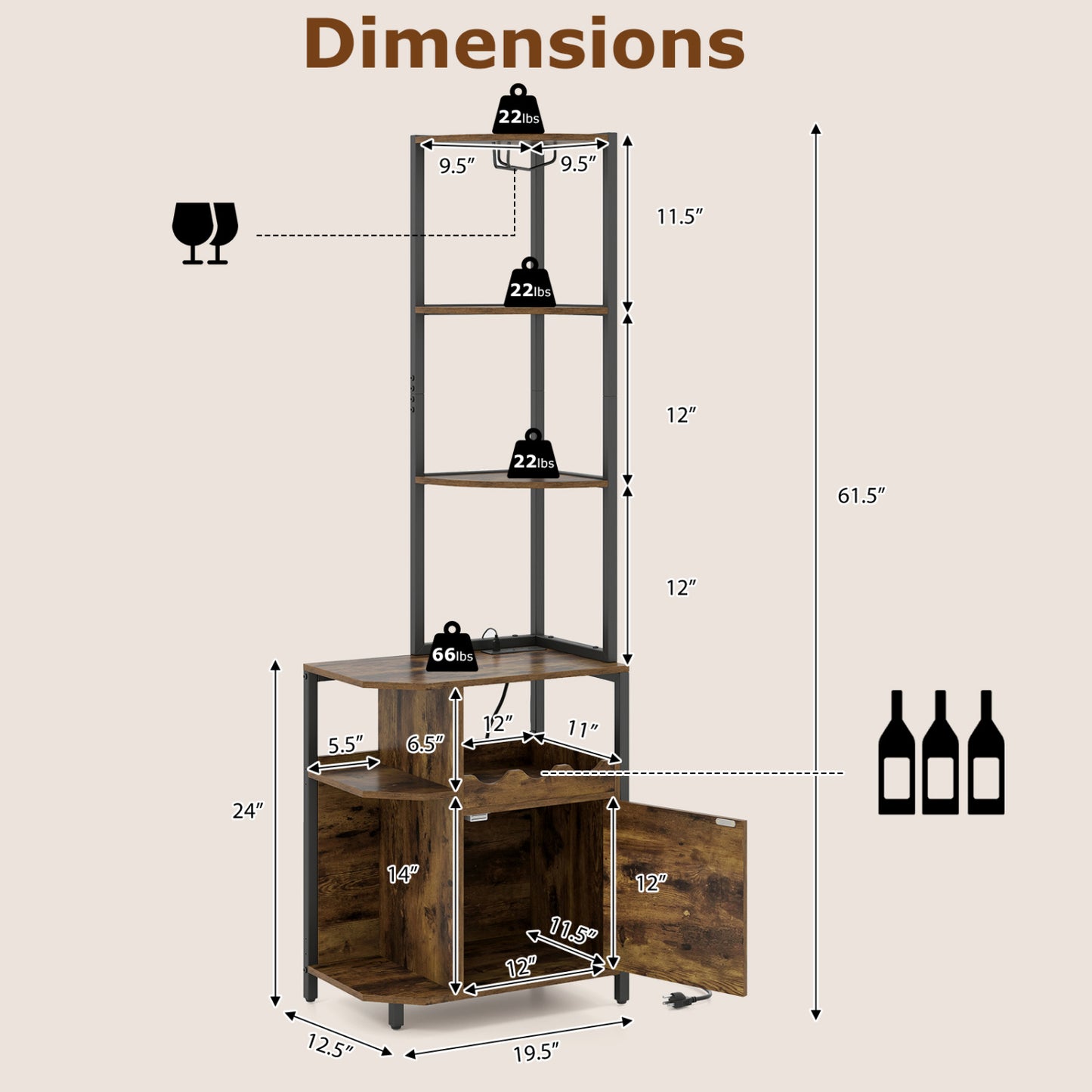 6-Tier Corner Bar Cabinet with LED Lights and Charging Station for Kitchen-Rustic Brown