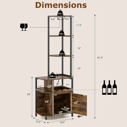 6-Tier Corner Bar Cabinet with LED Lights and Charging Station for Kitchen-Rustic Brown