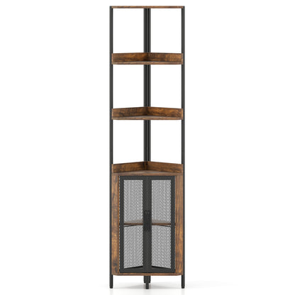 6-Tier Corner Shelf 67 Inches Tall Corner Bookshelf with Cabinet Industrial Bookcase-Brown