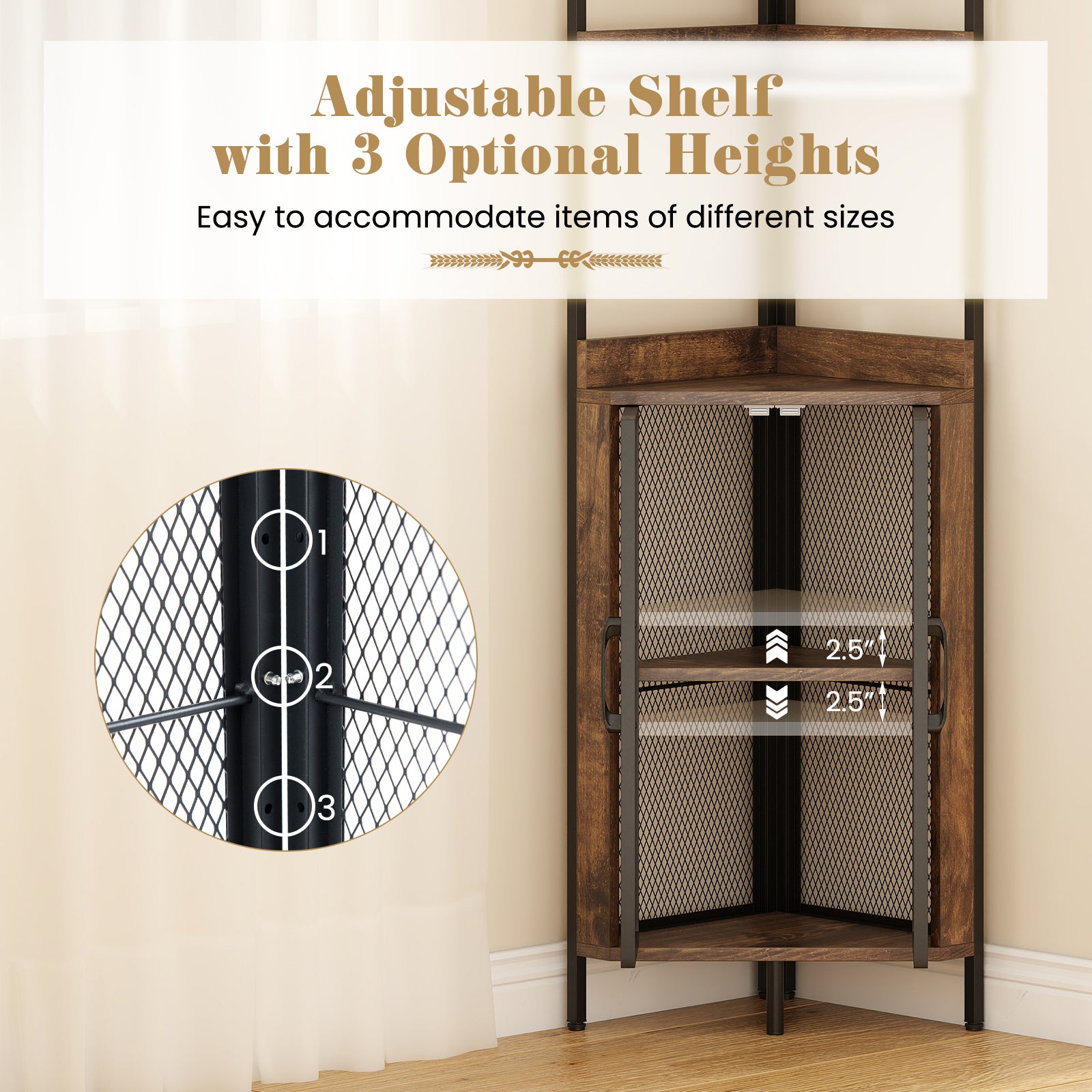 6-Tier Corner Shelf 67 Inches Tall Corner Bookshelf with Cabinet Industrial Bookcase-Brown