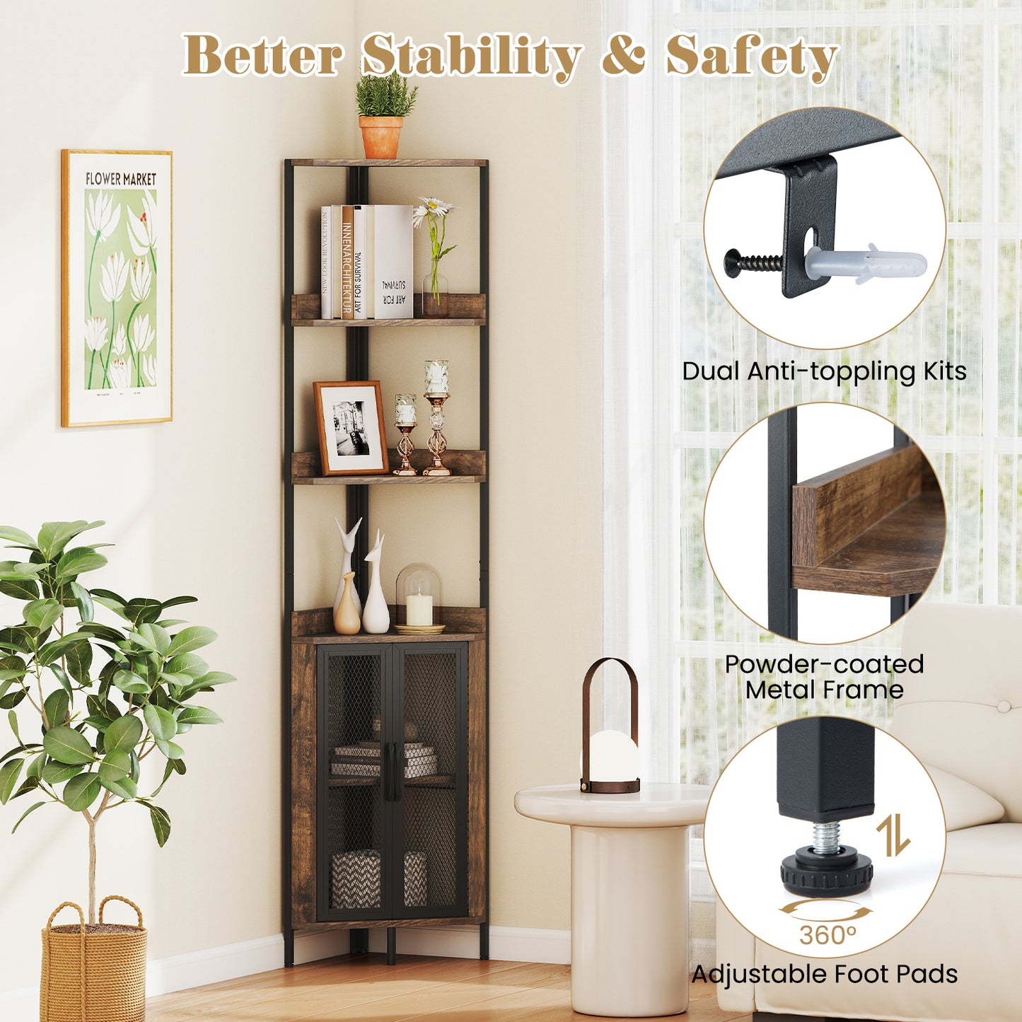 6-Tier Corner Shelf 67 Inches Tall Corner Bookshelf with Cabinet Industrial Bookcase-Brown