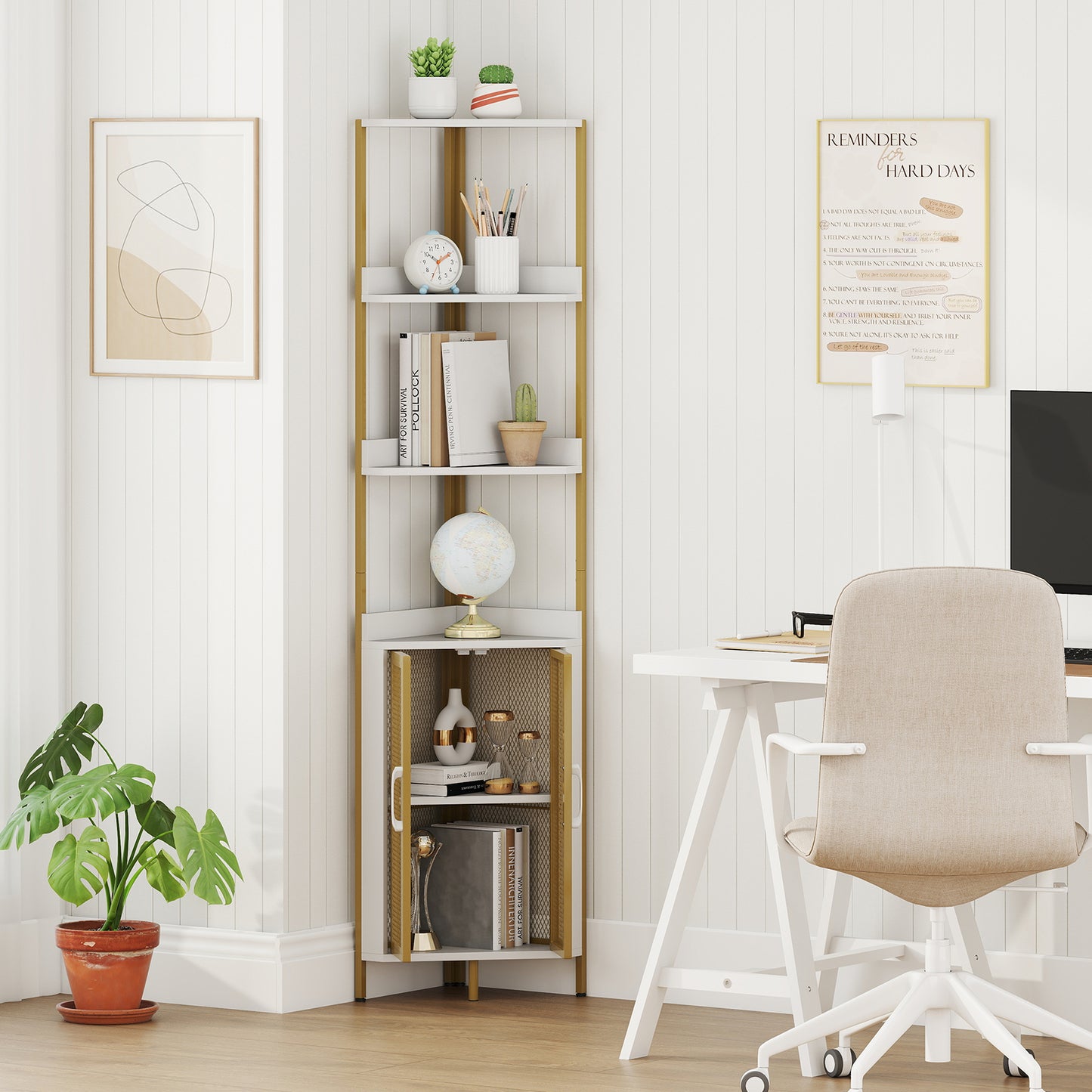 6-Tier Corner Shelf 67 Inches Tall Corner Bookshelf with Cabinet Industrial Bookcase-White