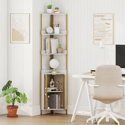 6-Tier Corner Shelf 67 Inches Tall Corner Bookshelf with Cabinet Industrial Bookcase-White