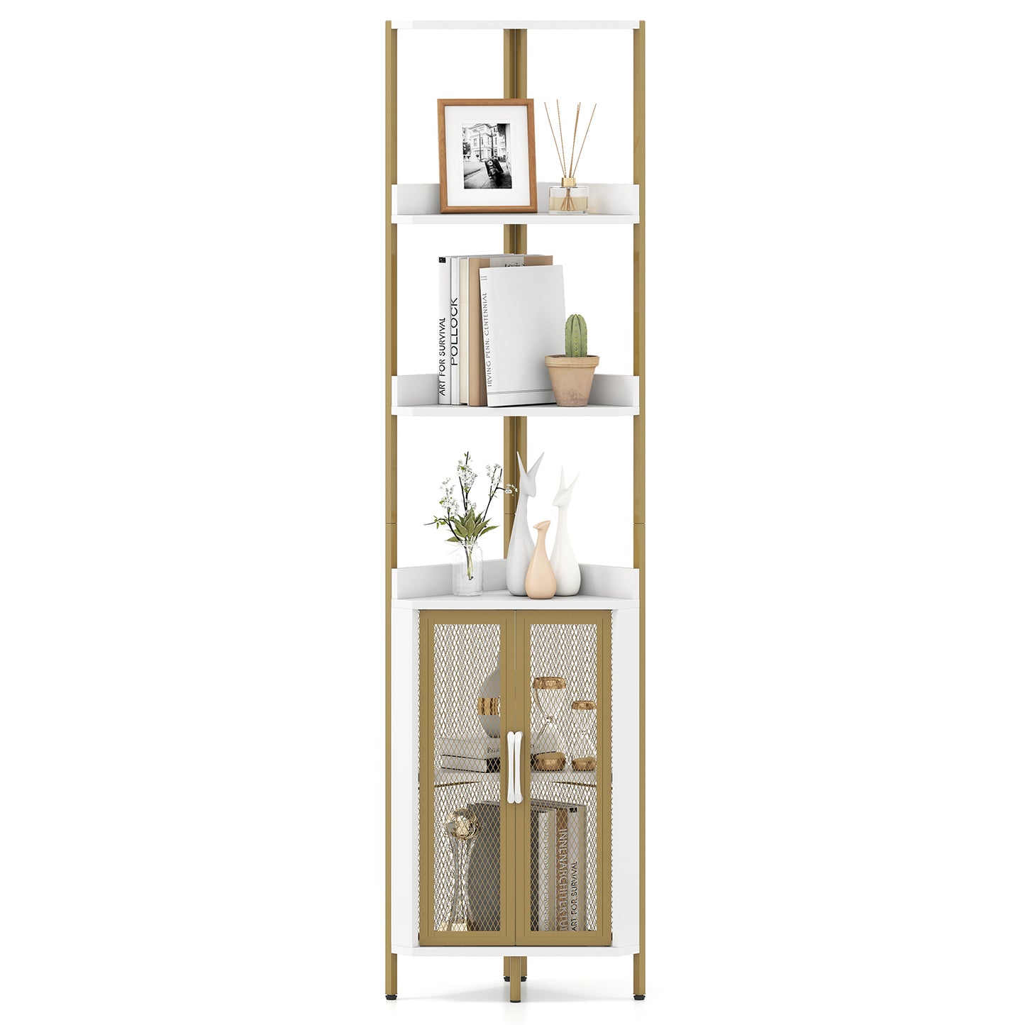 6-Tier Corner Shelf 67 Inches Tall Corner Bookshelf with Cabinet Industrial Bookcase-White