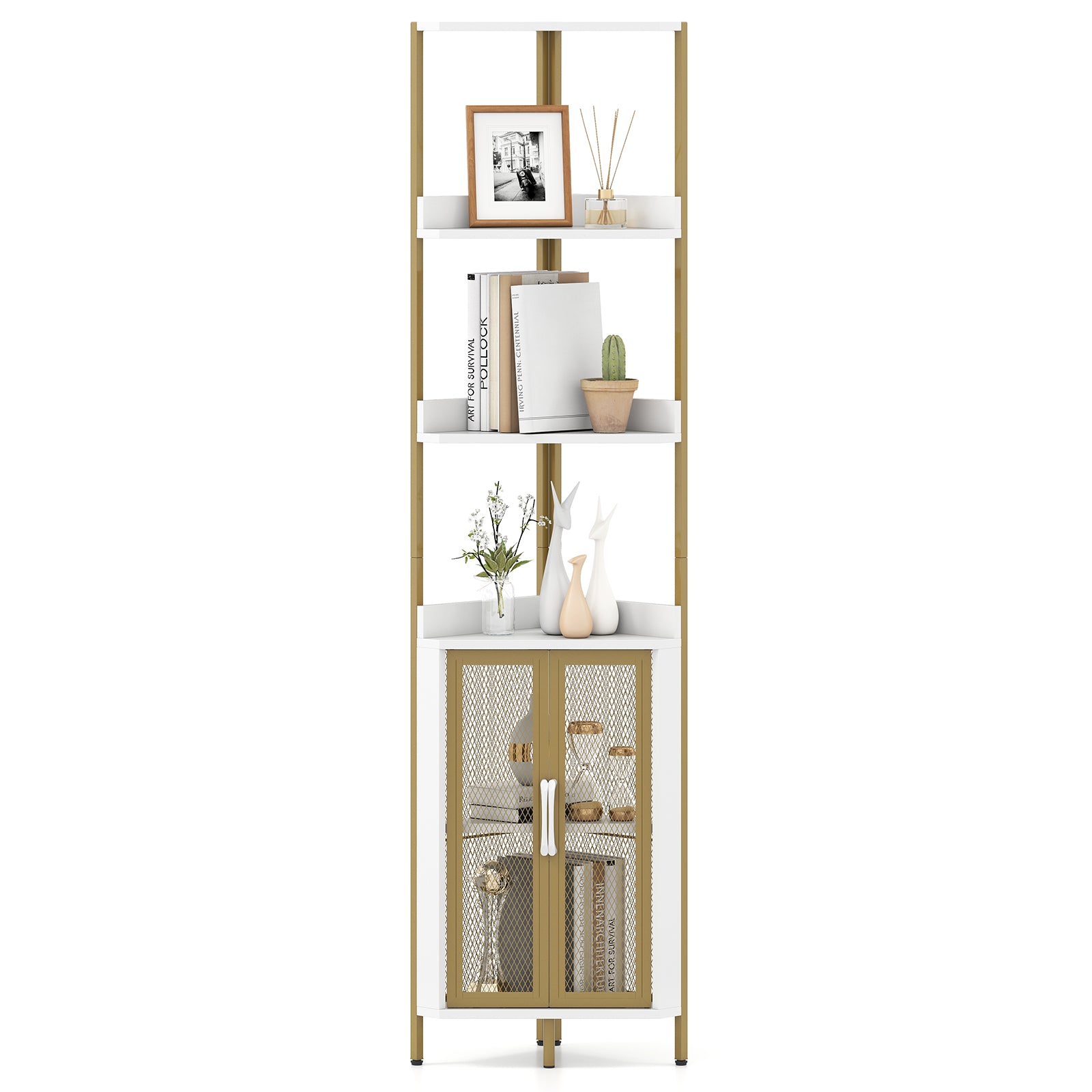 6-Tier Corner Shelf 67 Inches Tall Corner Bookshelf with Cabinet Industrial Bookcase-White