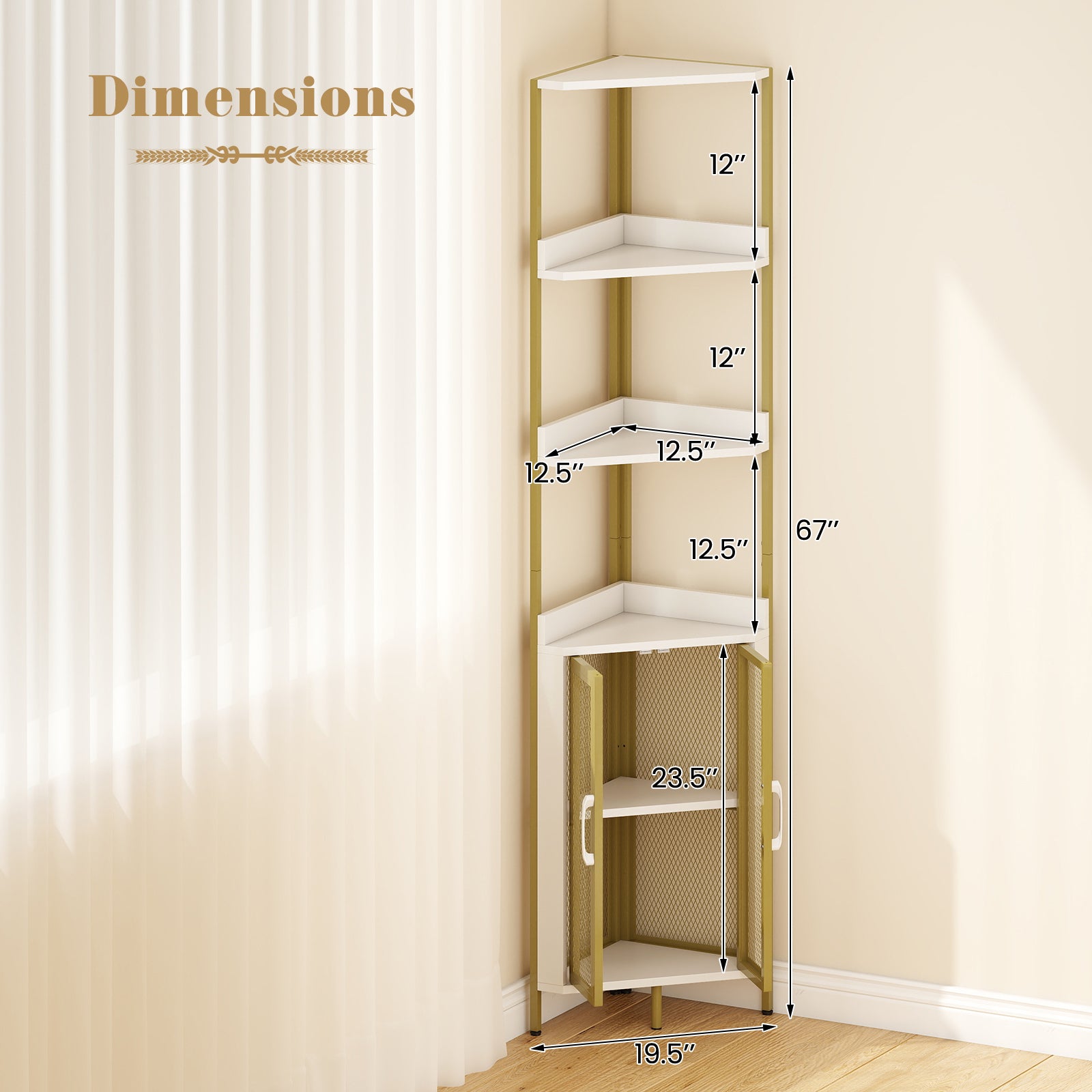 6-Tier Corner Shelf 67 Inches Tall Corner Bookshelf with Cabinet Industrial Bookcase-White