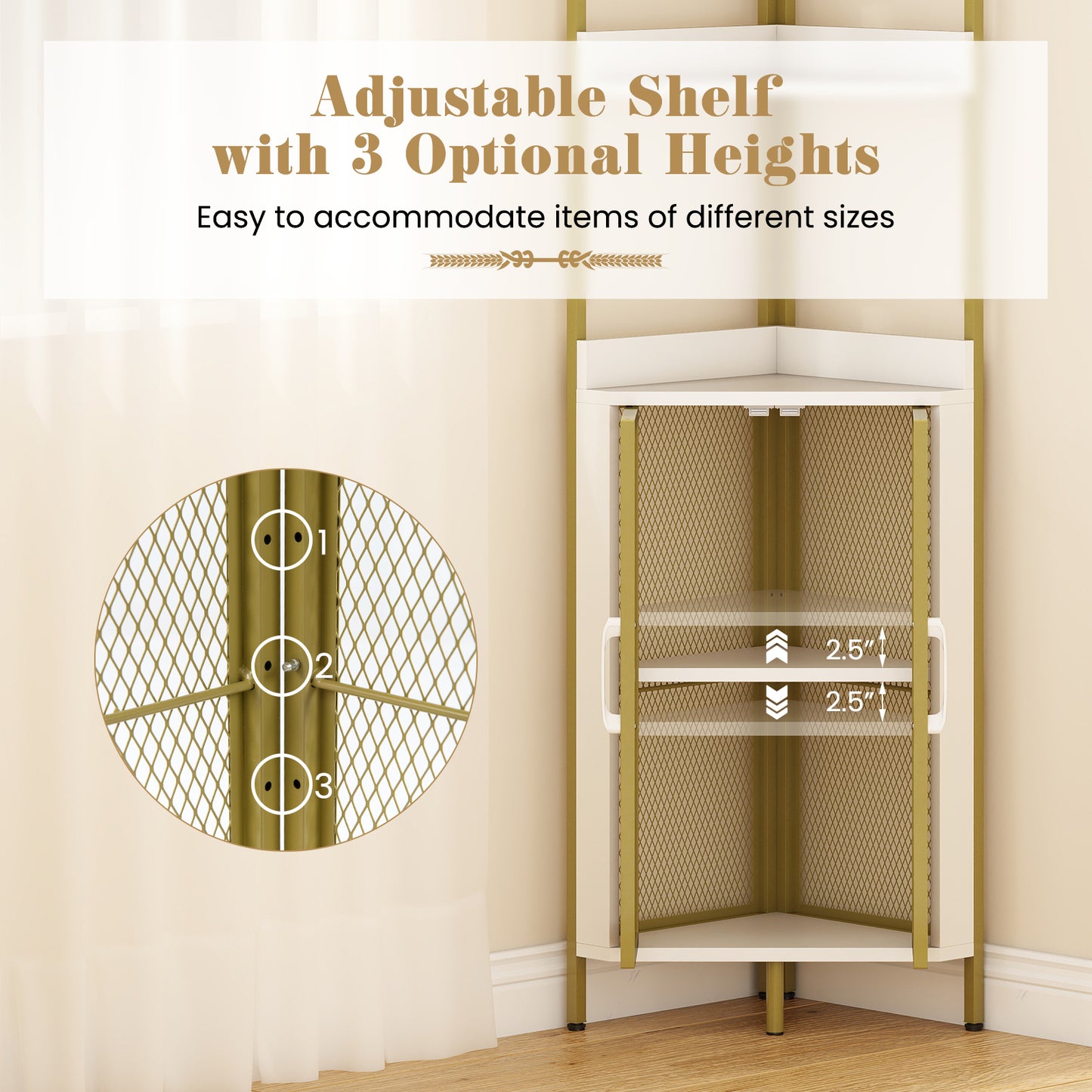 6-Tier Corner Shelf 67 Inches Tall Corner Bookshelf with Cabinet Industrial Bookcase-White