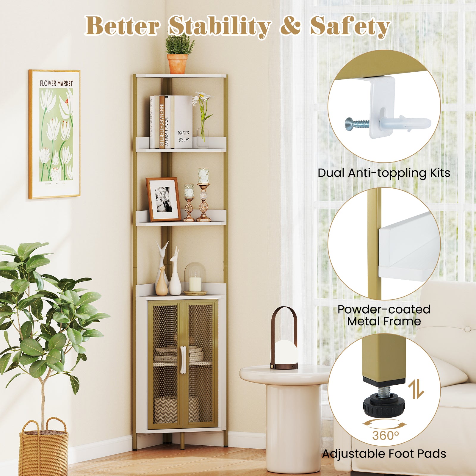 6-Tier Corner Shelf 67 Inches Tall Corner Bookshelf with Cabinet Industrial Bookcase-White